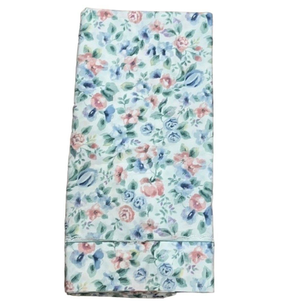 Vintage Westpoint Stevens Blue Pink Green Floral Roses Twin Flat Sheet